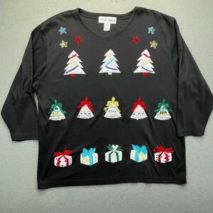 VTG Victoria Woman‎ Black Long Sleeve Christmas Tree Bell Gift Ugly Sweater 2X